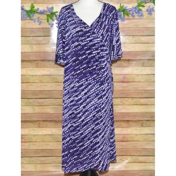 Catherines Dress Womens Plus 2X 22W Midi Purple Faux Wrap Ruched Flutter Sleeve - Picture 1 of 10
